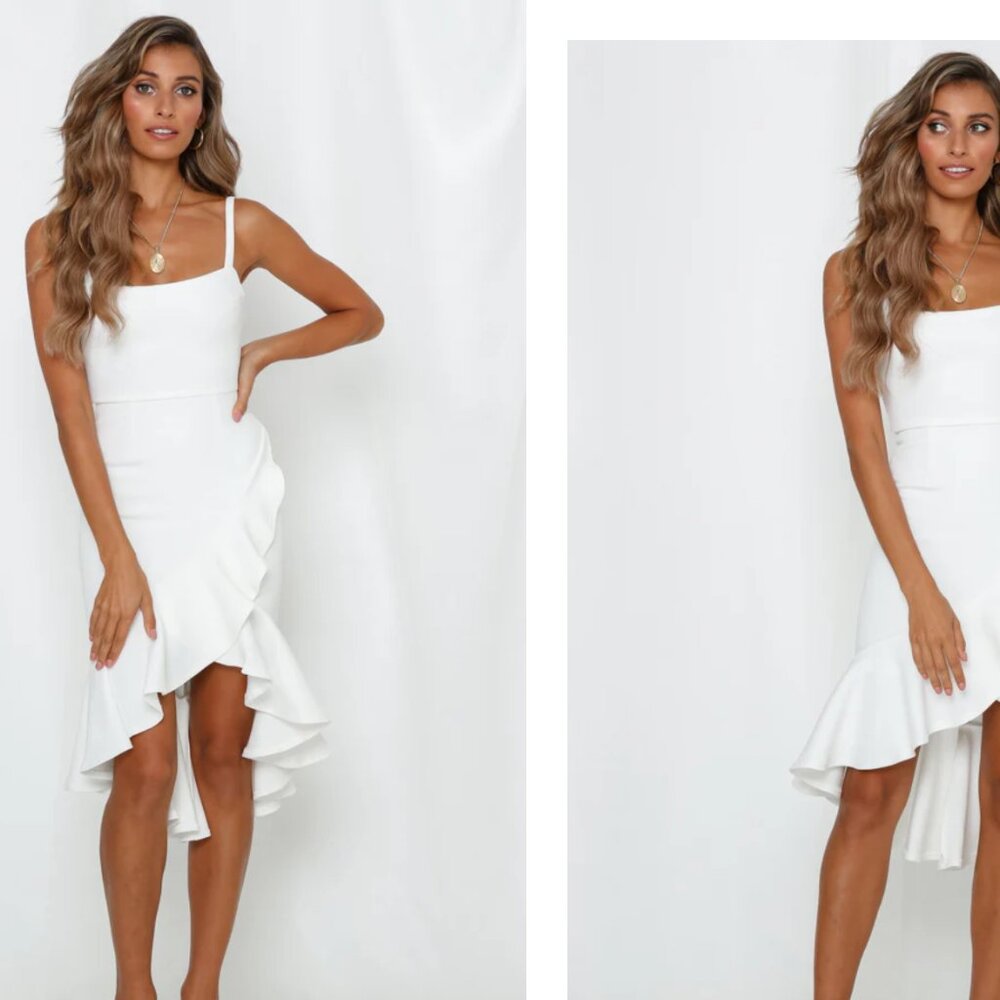 White Midi Dress with Asymmetrical Ruffle Hemline Size 6